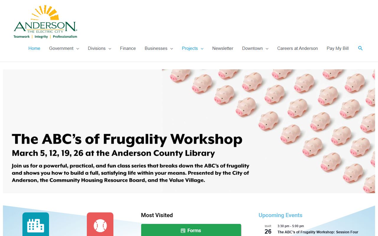 City of Anderson website with local government information for Anderson marriage license applicants
