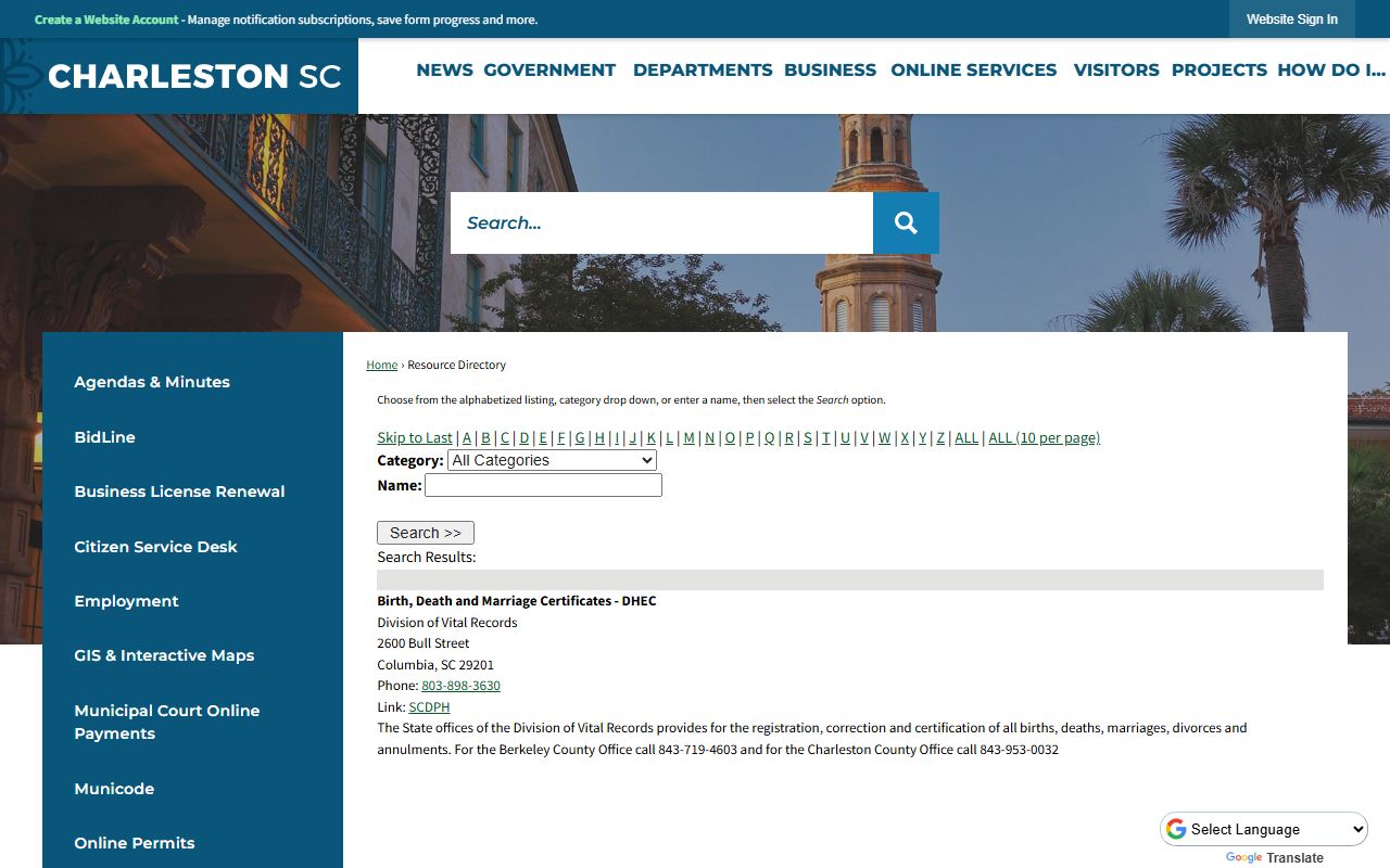 City of Charleston business directory listing for Charleston marriage license services