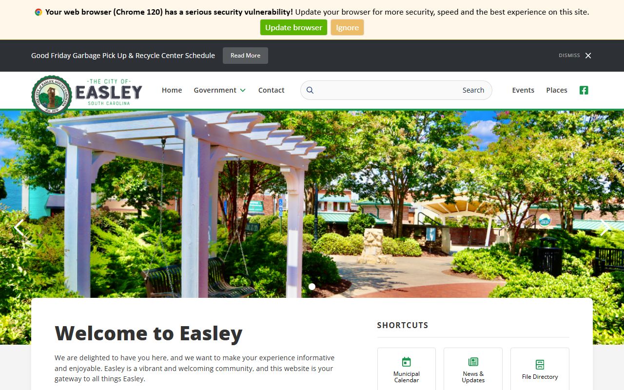 City of Easley website showing local services for Easley marriage license applicants