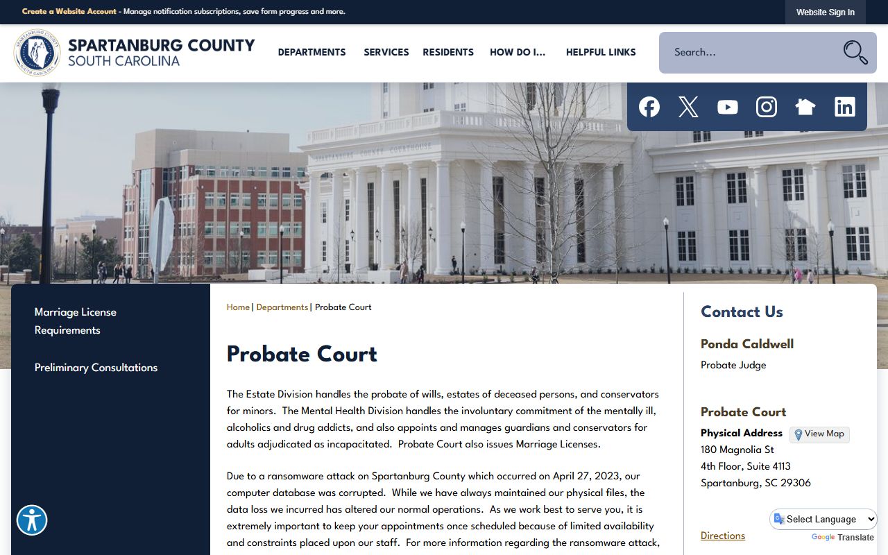 Spartanburg County Probate Court information for Greer marriage license applicants