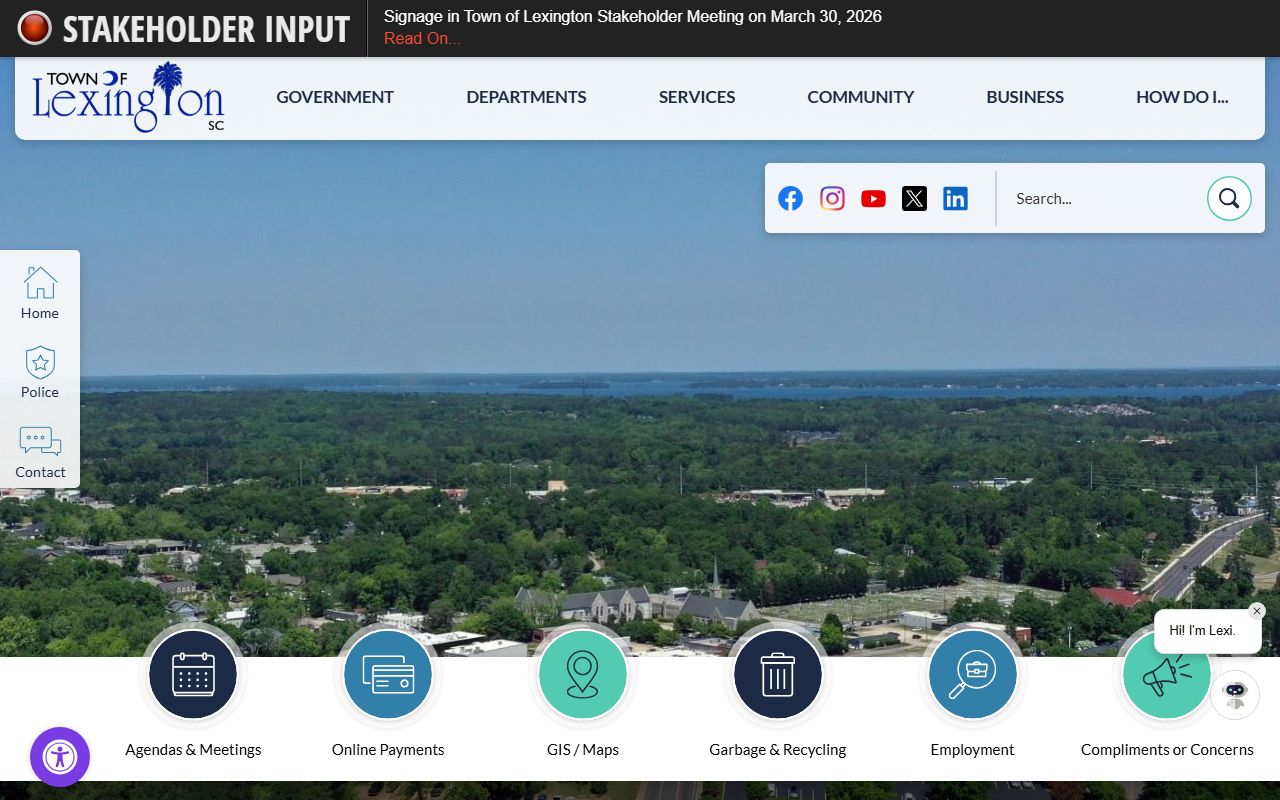 Town of Lexington website showing local services for Lexington marriage license applicants