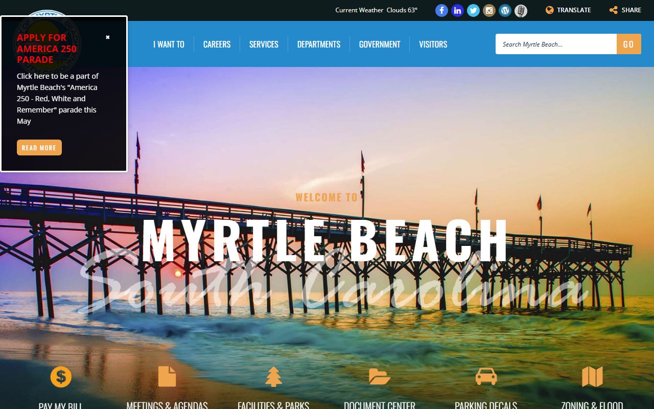 City of Myrtle Beach website showing local resources for Myrtle Beach marriage license holders