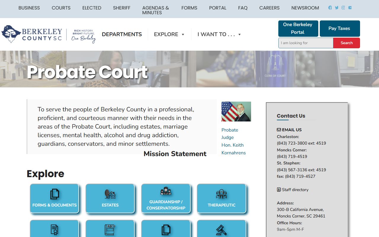Berkeley County Probate Court website showing marriage license services in Moncks Corner