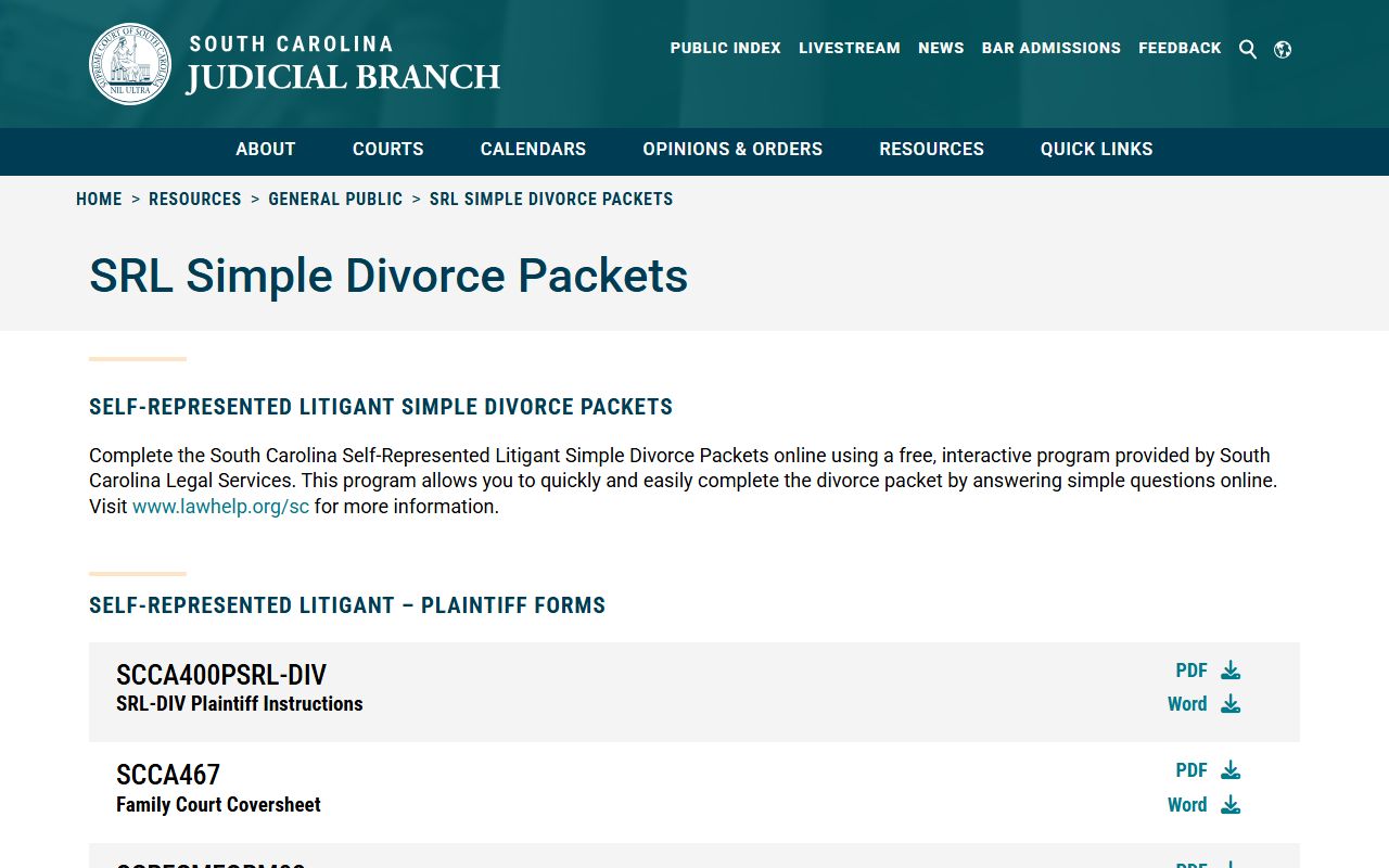 South Carolina divorce forms page relevant to Berkeley County marriage license applications