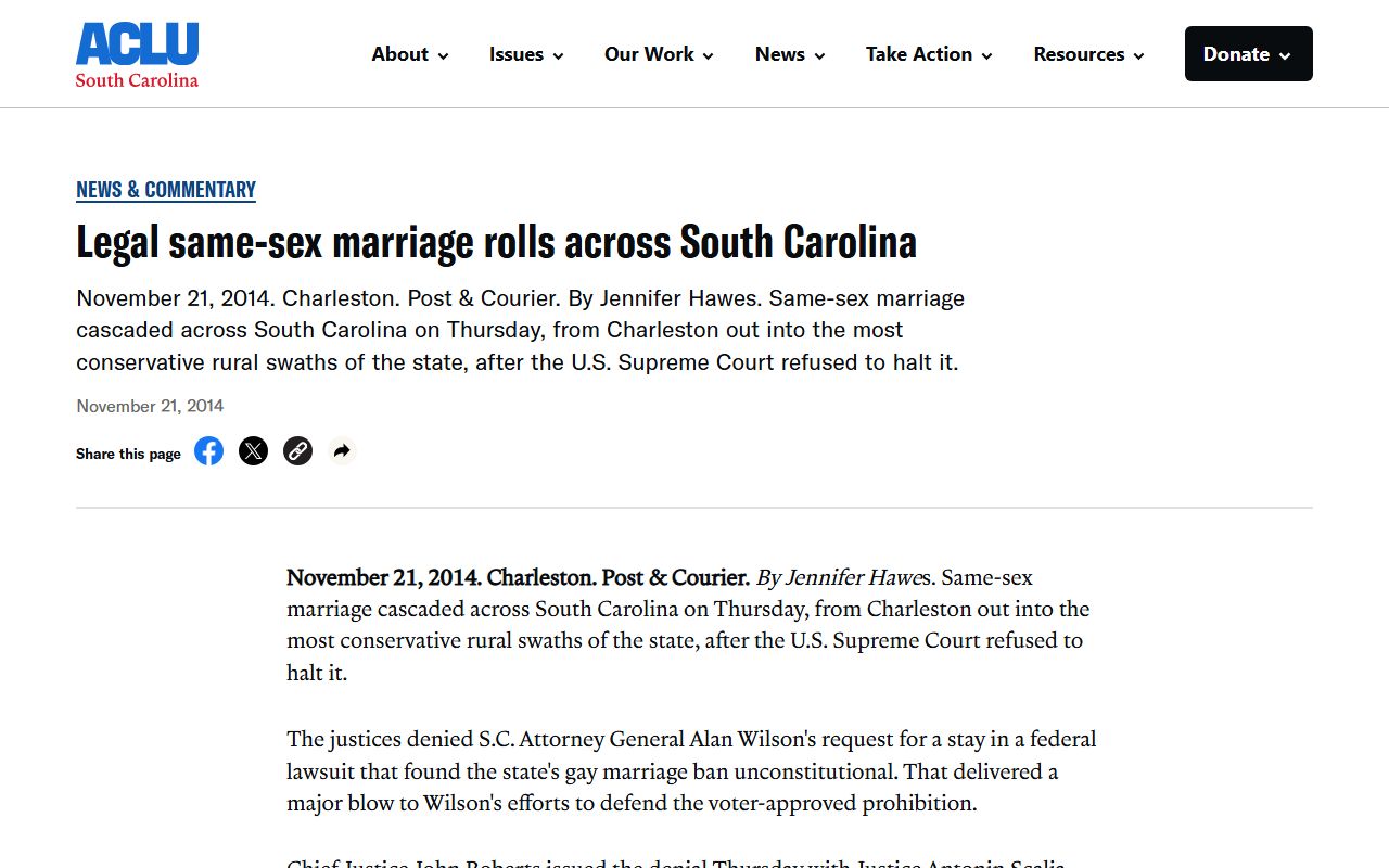 ACLU of South Carolina article about same-sex marriage licenses in Charleston County