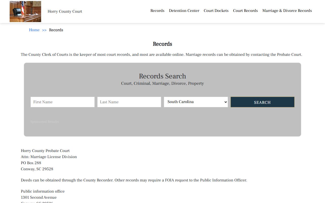 Horry County Probate Court records page showing marriage license services in Conway SC