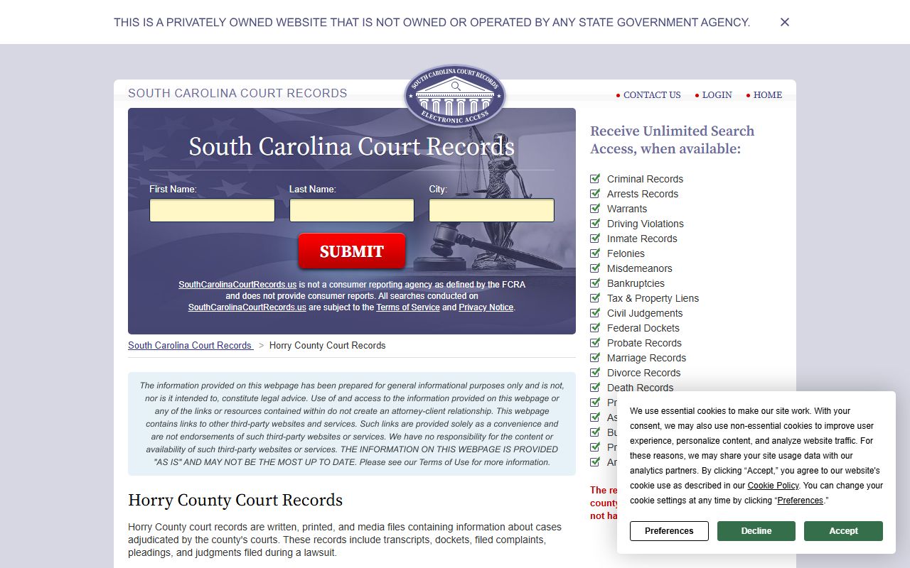 South Carolina Court Records page for Horry County marriage license and Probate Court information