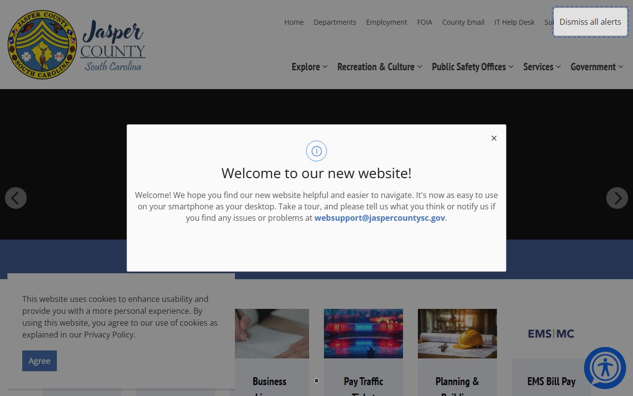 Jasper County Government website showing Probate Court contact information for marriage license services