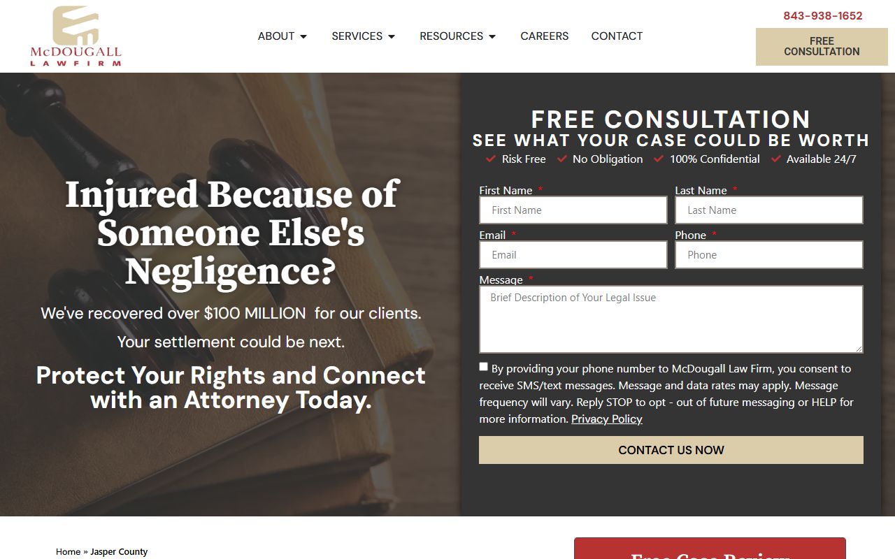 McDougall Law Firm page showing Jasper County Probate Court information for marriage licenses