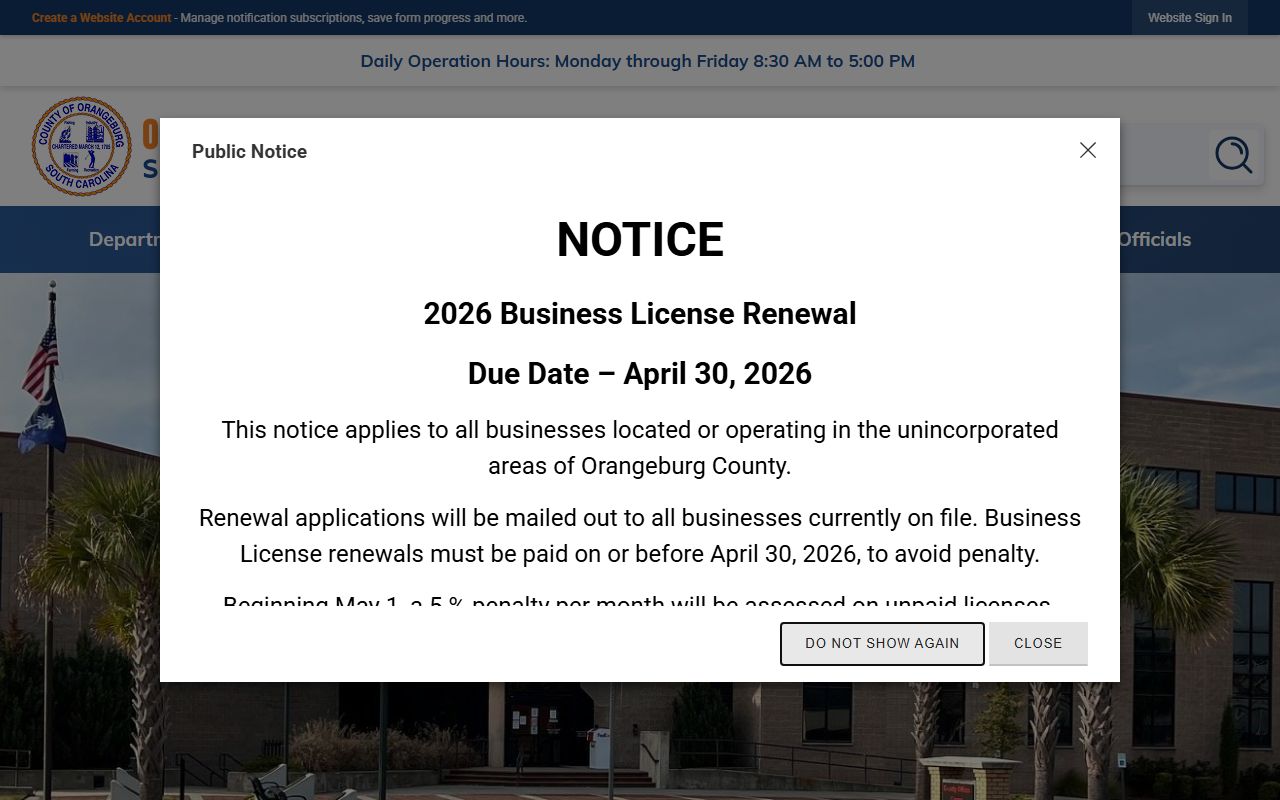 Orangeburg County Probate Court website with marriage license application details