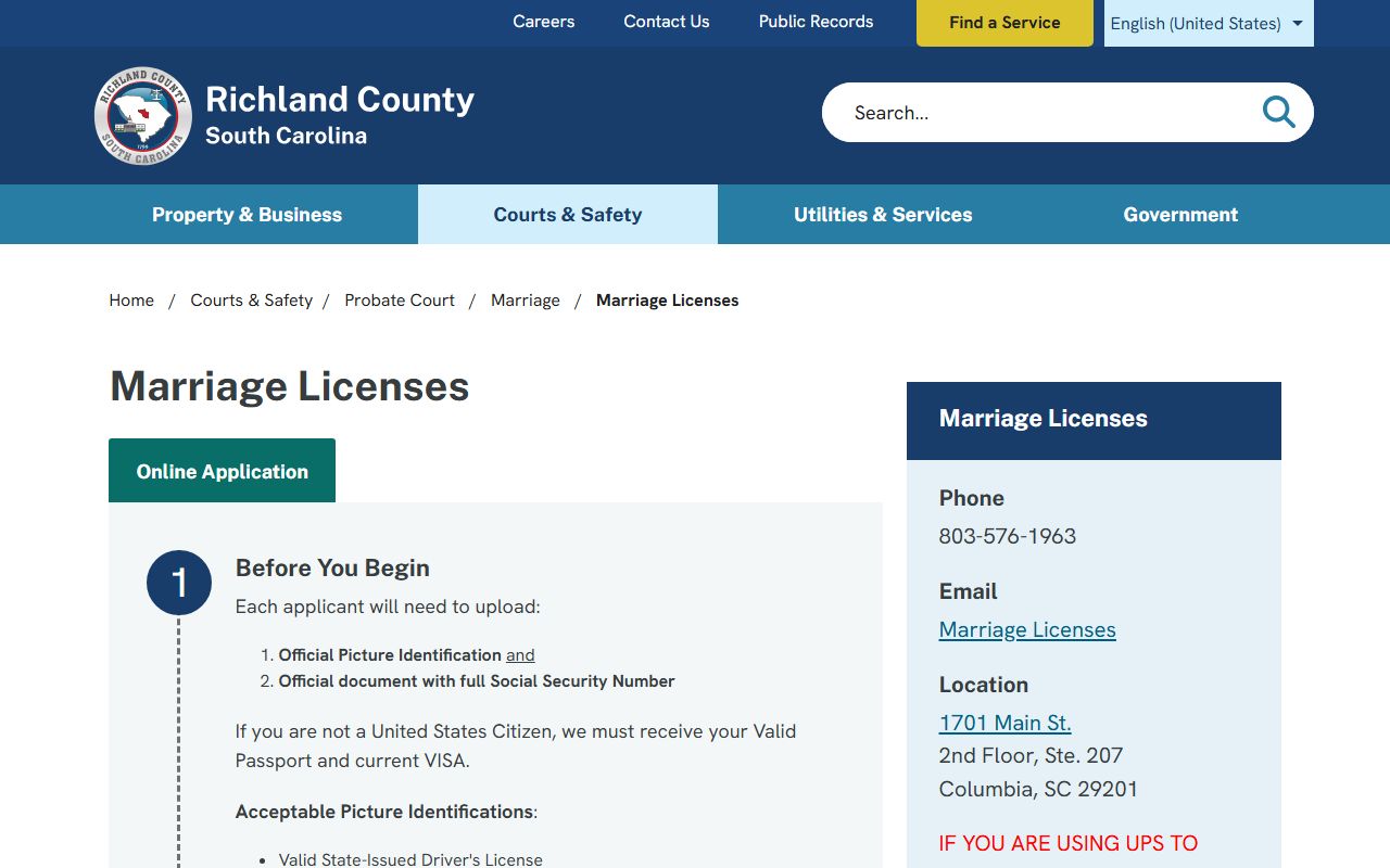 Richland County online marriage license application instructions and document requirements