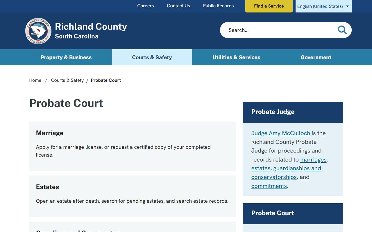 Richland County Probate Court page with marriage license details and court information