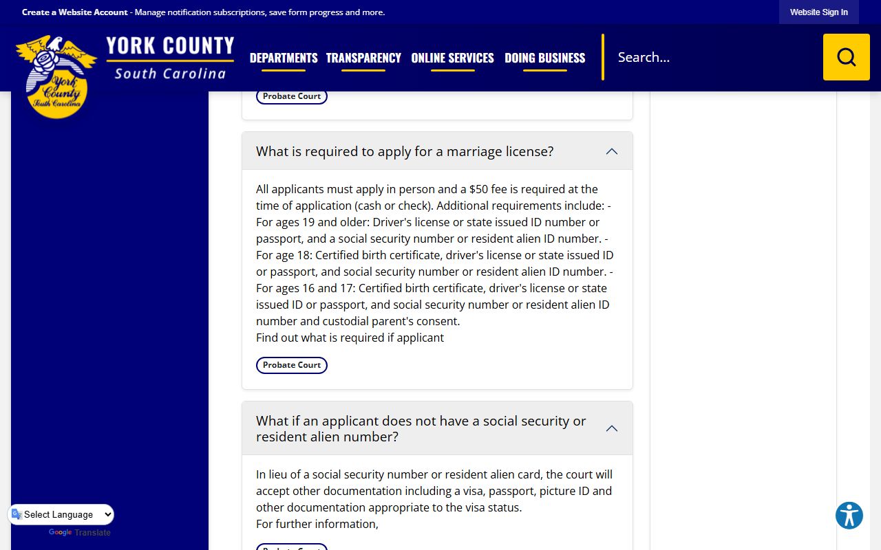 York County Government FAQ page with marriage license and premarital course tax credit details