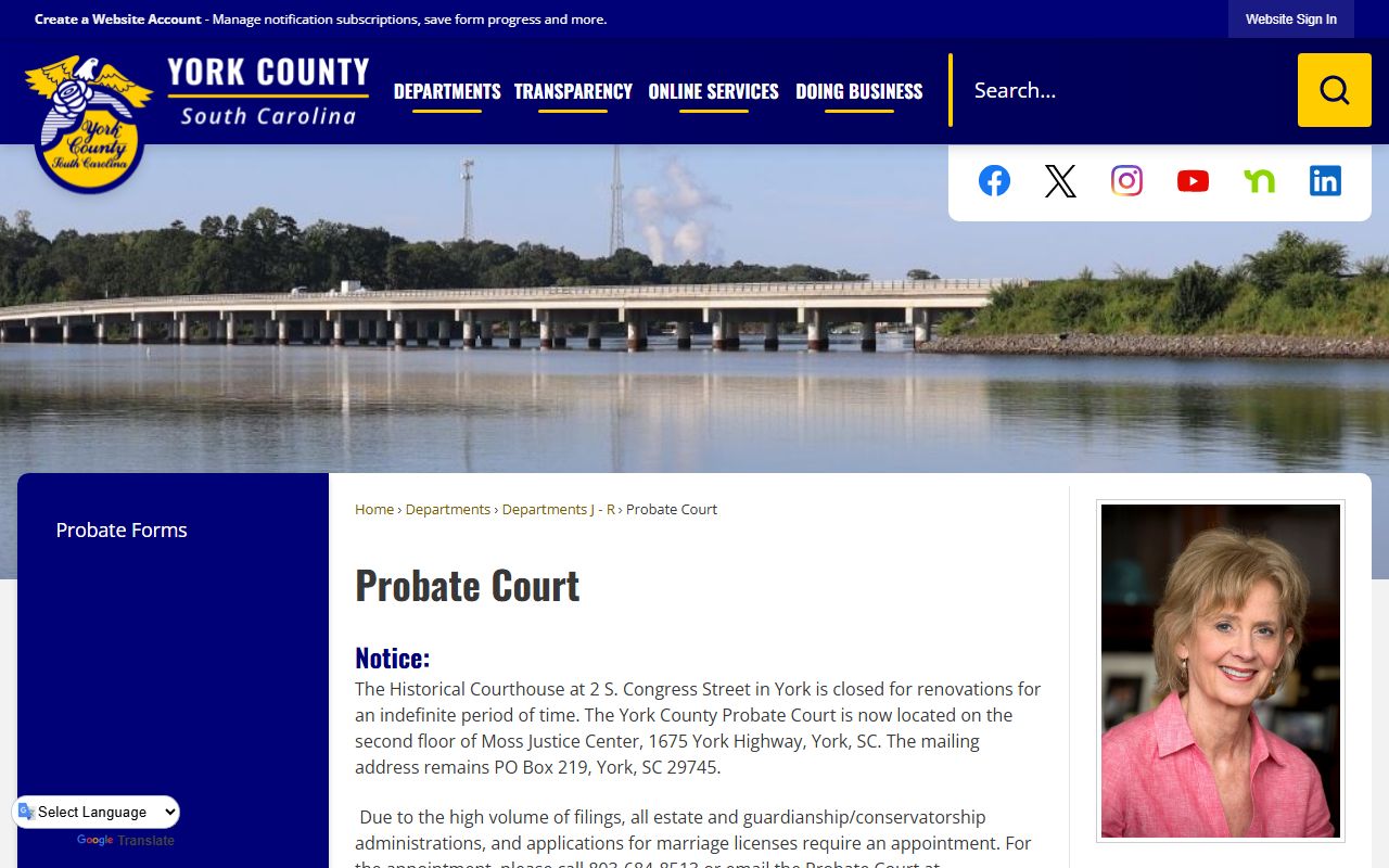 York County Probate Court page showing marriage license services and public record access
