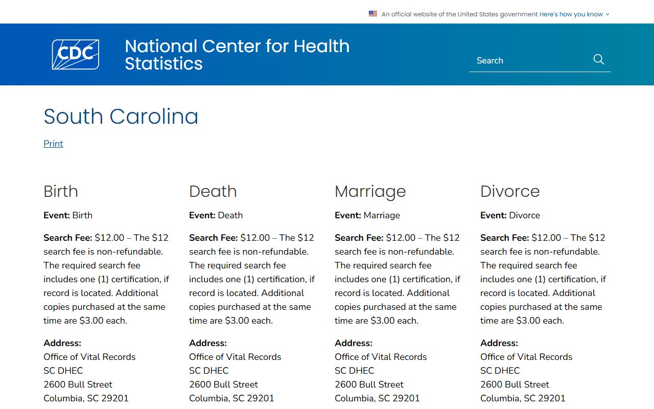 CDC guide for South Carolina marriage license vital records