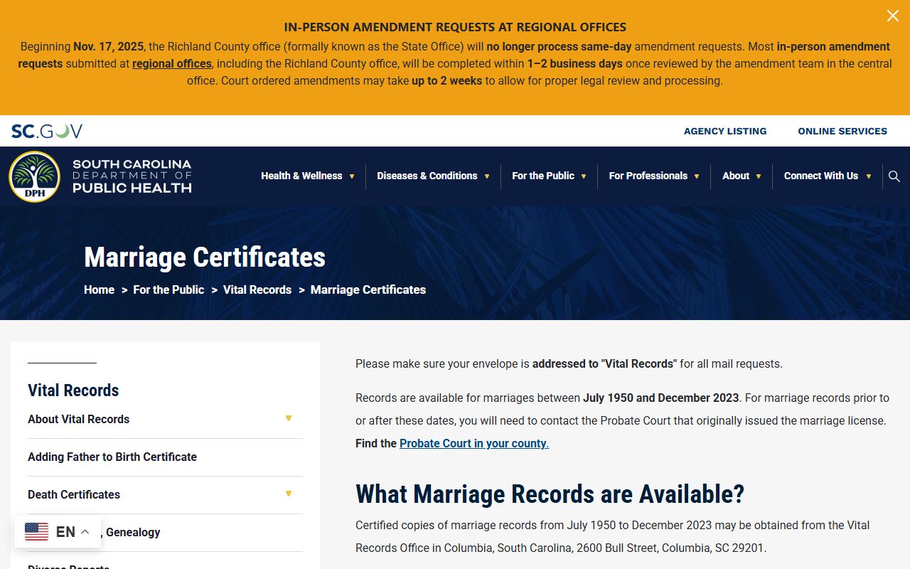South Carolina Department of Public Health marriage certificate information