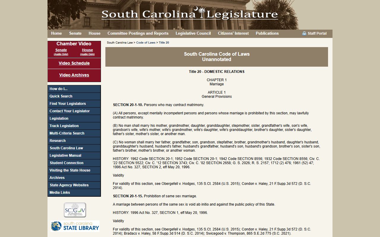 South Carolina marriage license code of laws Title 20