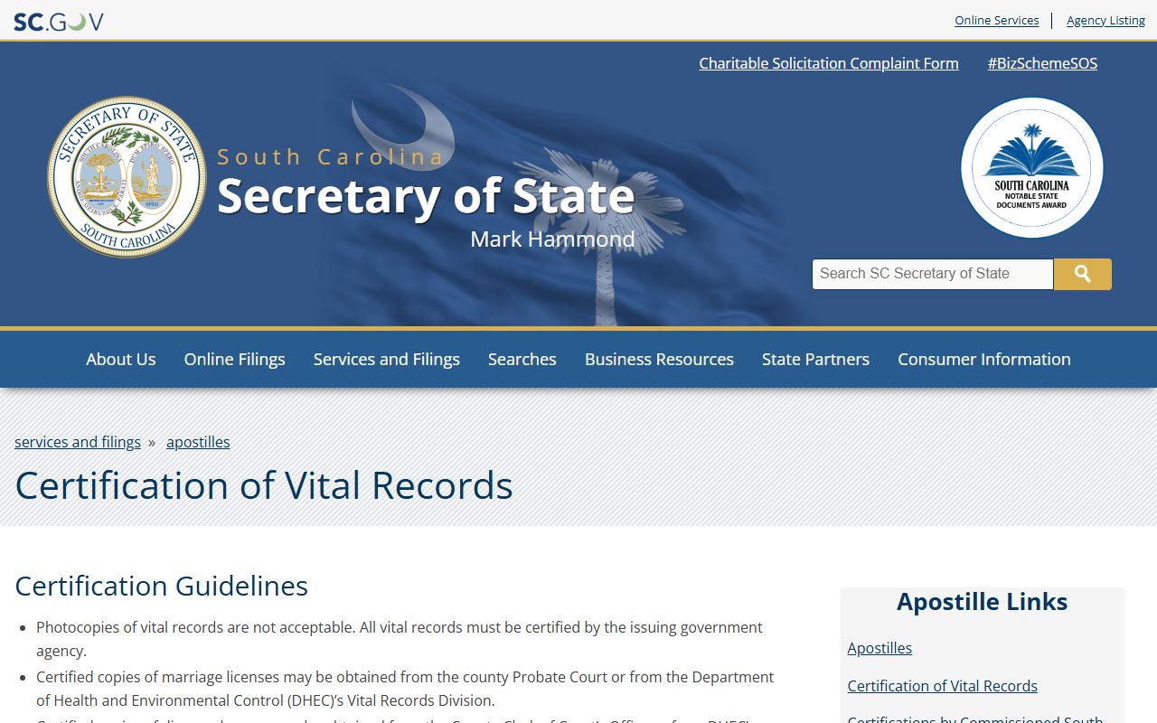 South Carolina Secretary of State vital records certification for marriage license